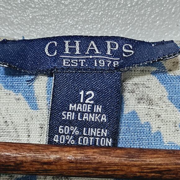 Chaps Linen Blend Button-Up Blouse Blue Floral Ruffled Collar Sz 12 Cottagecore - Picture 5 of 6